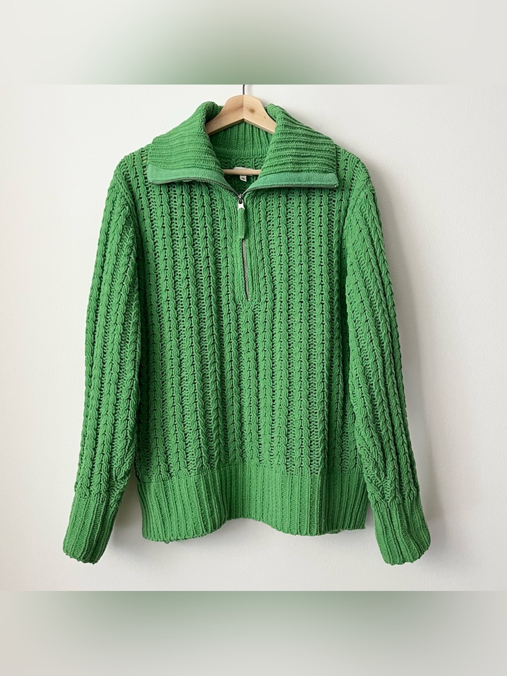 Aerie Women's Green Chunky Open Knit Chenille Oversized Sweater Quarter Zip XS